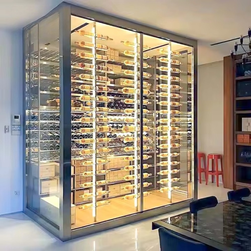 Wine & Beer Guayaquil - ชั้นวางไวน์ตั้งพื้นถึงเพดานสำหรับห้องนั่งเล่น ตู้โชว์ไวน์ทันสมัย เฟอร์นิเจอร์ห้องนั่งเล่น ตู้เก็บไวน์ในบ้านพร้อมไฟ LED